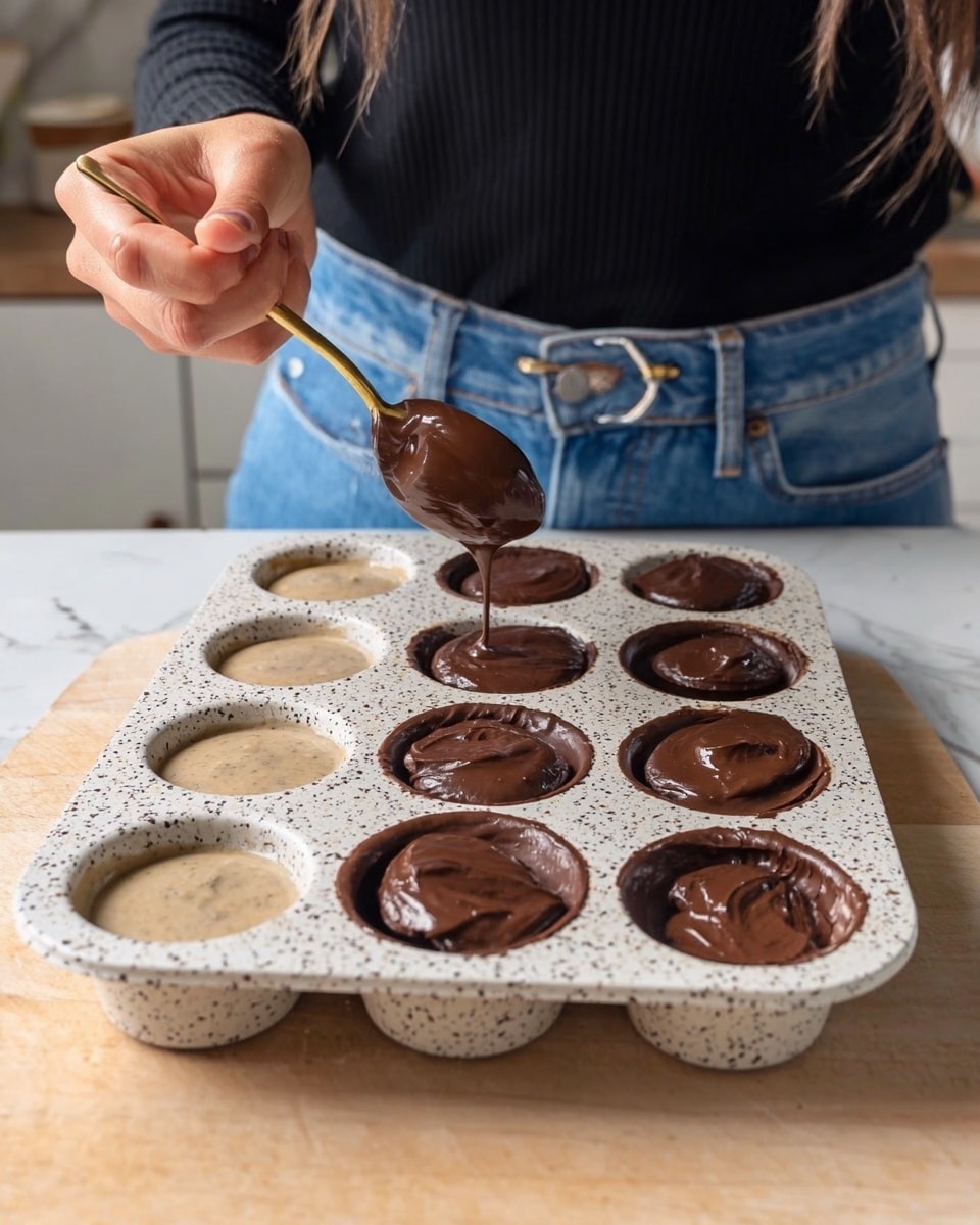 A woman’s hand is holding a spoon filled with smooth dark brown chocolate, spreading it into the round cavities of a white speckled mold tray. The tray holds two layers of batter: a bottom layer of thick light beige and a top layer of rich dark brown, filling the cups almost to the brim. The mold tray is on a light wooden surface with a white marbled texture. The woman wears a black long sleeve shirt and blue jeans with a belt loop visible in the background. photo taken with an iphone --ar 4:5 --v 7