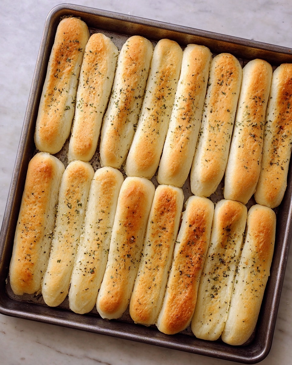 The image shows a metal baking tray filled with two rows of nine golden-baked breadsticks each. The breadsticks are long and slightly rounded, with a light brown crust on top and sprinkled with small greenish herbs. The tray rests on a white marbled surface. The breadsticks have a soft texture with subtle browning on the edges, evenly spaced and aligned neatly side by side. photo taken with an iphone --ar 4:5 --v 7
