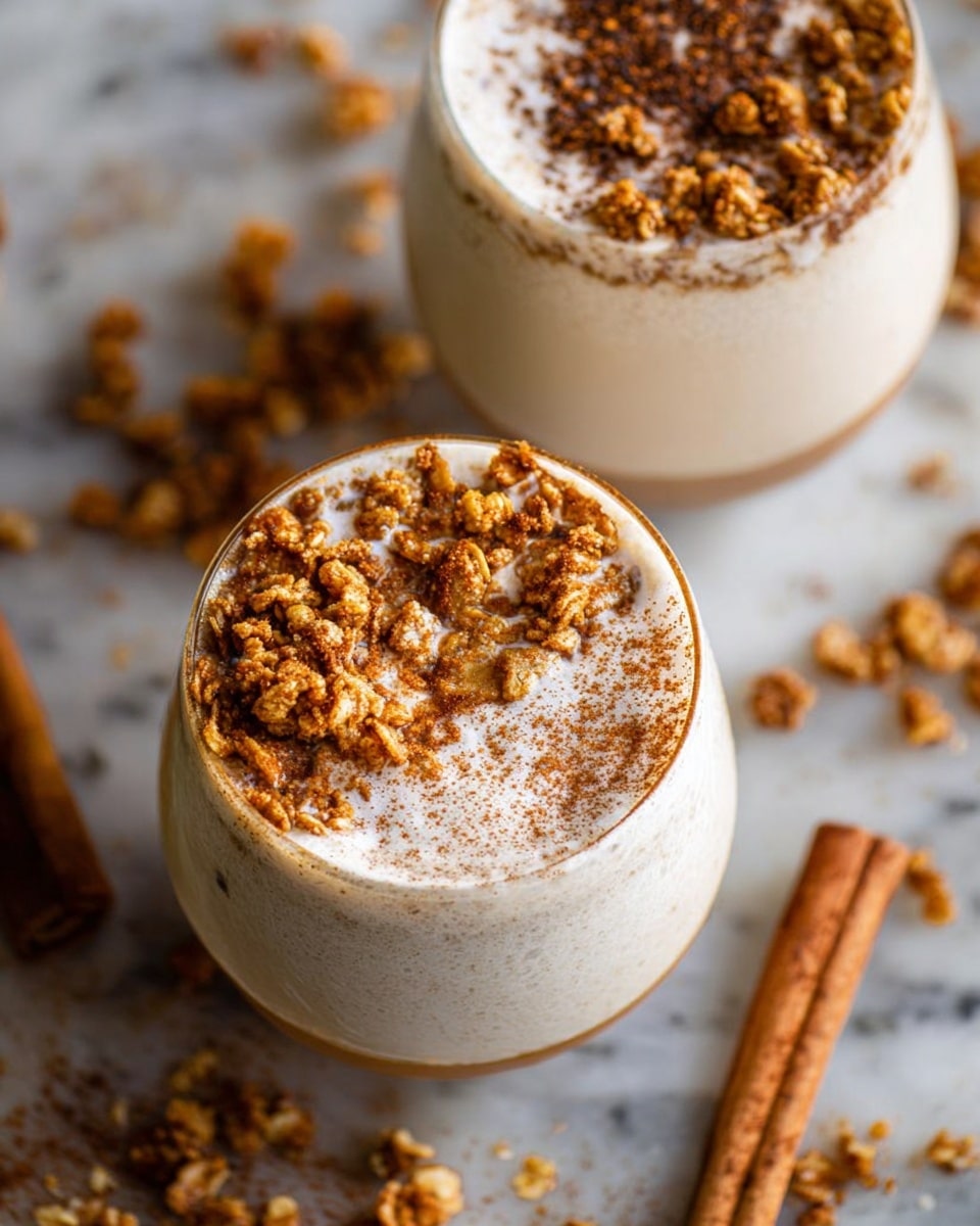 The image shows two round glasses filled with a creamy beige drink topped with a layer of frothy foam. On top of the foam, one half has a sprinkle of crushed light brown granola with a crunchy texture, while the other half is dusted with fine, dark brown cinnamon powder. The glasses sit on a white marbled surface with some cinnamon sticks and scattered granola pieces around them, adding a warm, cozy feel. The photo is taken from above, focusing on the textures and colors of the drink and toppings photo taken with an iphone --ar 4:5 --v 7