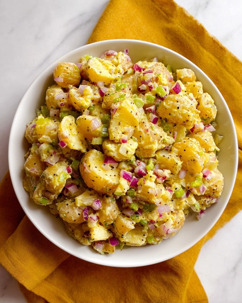 A close-up of a white plate filled with potato salad, showing chunky pieces of golden yellow potatoes mixed with small bits of finely chopped red onions, green onions, and pickles. The salad is coated with a creamy, slightly grainy dressing that has visible black pepper specks, giving it a textured look. The dish sits on a yellow cloth with a white marbled surface background. photo taken with an iphone --ar 4:5 --v 7