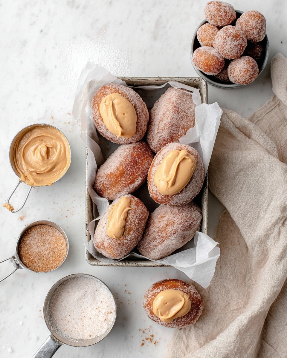 Five sugar-coated doughnuts are placed inside a small rectangular metal tray lined with white parchment paper, each doughnut topped with a dollop of thick light brown cream. Next to the tray, a single doughnut with the same cream sits on the white marbled surface. In the top right, there's a small metal cup filled with round sugar-coated doughnut holes, with a few scattered on the surface nearby. Two small metal measuring cups are placed in the lower left; one contains a smooth light brown spread sprinkled with a fine powder on top, and the other holds a white granular substance. A soft beige cloth is folded in the bottom right corner, all set on a white marbled surface. photo taken with an iphone --ar 4:5 --v 7