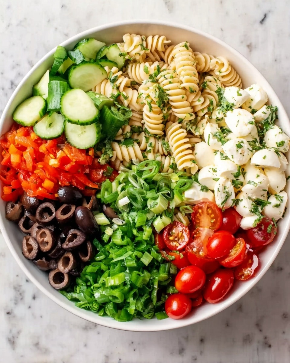 A white bowl filled with six distinct sections of food arranged in a circular pattern on a white marbled surface. The top right section has creamy white mozzarella cheese pieces with a slightly soft texture. Next to the mozzarella, at the top center, there is a portion of light beige pasta spirals mixed with herbs. On the top left side, small green cucumber slices are neatly arranged. Below the cucumbers, to the left center, are small black olive rings with a shiny, smooth surface. At the bottom left, finely chopped bright red bell peppers add color. The bottom middle section contains chopped green onions, and to the right of that, halved bright red cherry tomatoes and fresh dark green basil leaves make up the last section. The dish is fresh and colorful. Photo taken with an iphone --ar 4:5 --v 7