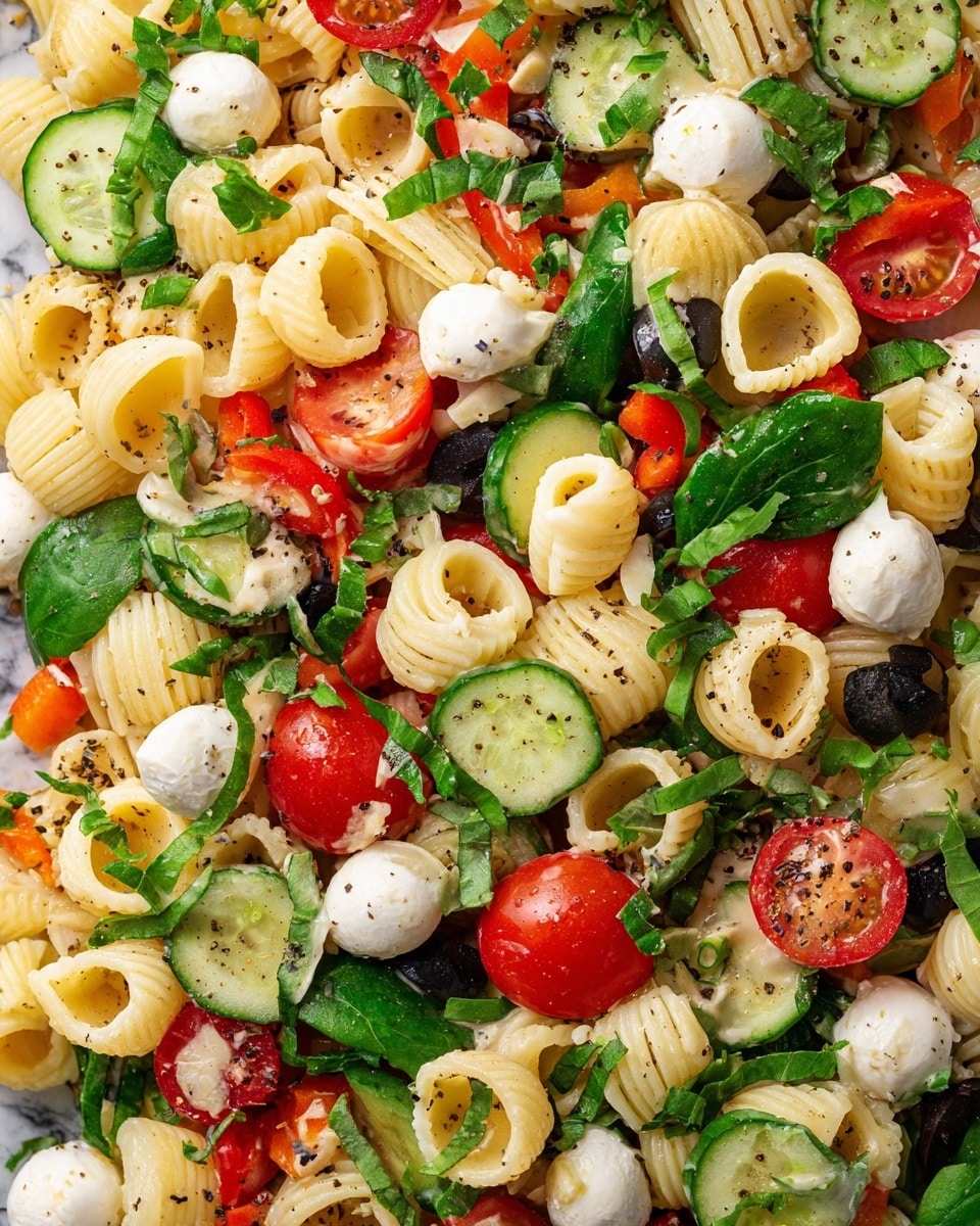 This image shows a close-up view of a colorful pasta salad with many layers mixed evenly. The base layer is made of different pasta shapes in creamy yellow color, including swirls, wheels, and tubes. Scattered throughout are bright red halved cherry tomatoes and thin slices of green cucumber with a fresh texture. There are small white mozzarella balls distributed in the salad along with black olive rings that add dark accents. Fresh green spinach leaves and small green herbs are spread all over, giving a fresh and leafy look. Small pieces of red bell pepper add a splash of bright color, and black pepper is sprinkled on top. The dish is presented on a surface with a white marbled texture. photo taken with an iphone --ar 4:5 --v 7