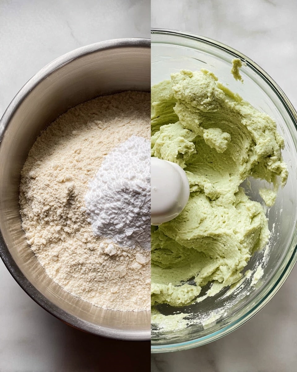The image shows two side-by-side close-ups. On the left side, there is a silver bowl with a mix of dry ingredients: a white powder (likely sugar), light beige flour, and a small pile of white baking powder in the center, arranged in separate sections within the bowl. On the right side, there is a clear glass bowl with a green dough-like mixture inside. Around it, some bits of dough stick to the bowl walls and a white blender blade is partially visible at the top center, showing the dough being mixed. Both bowls rest on a white marbled surface. photo taken with an iphone --ar 4:5 --v 7