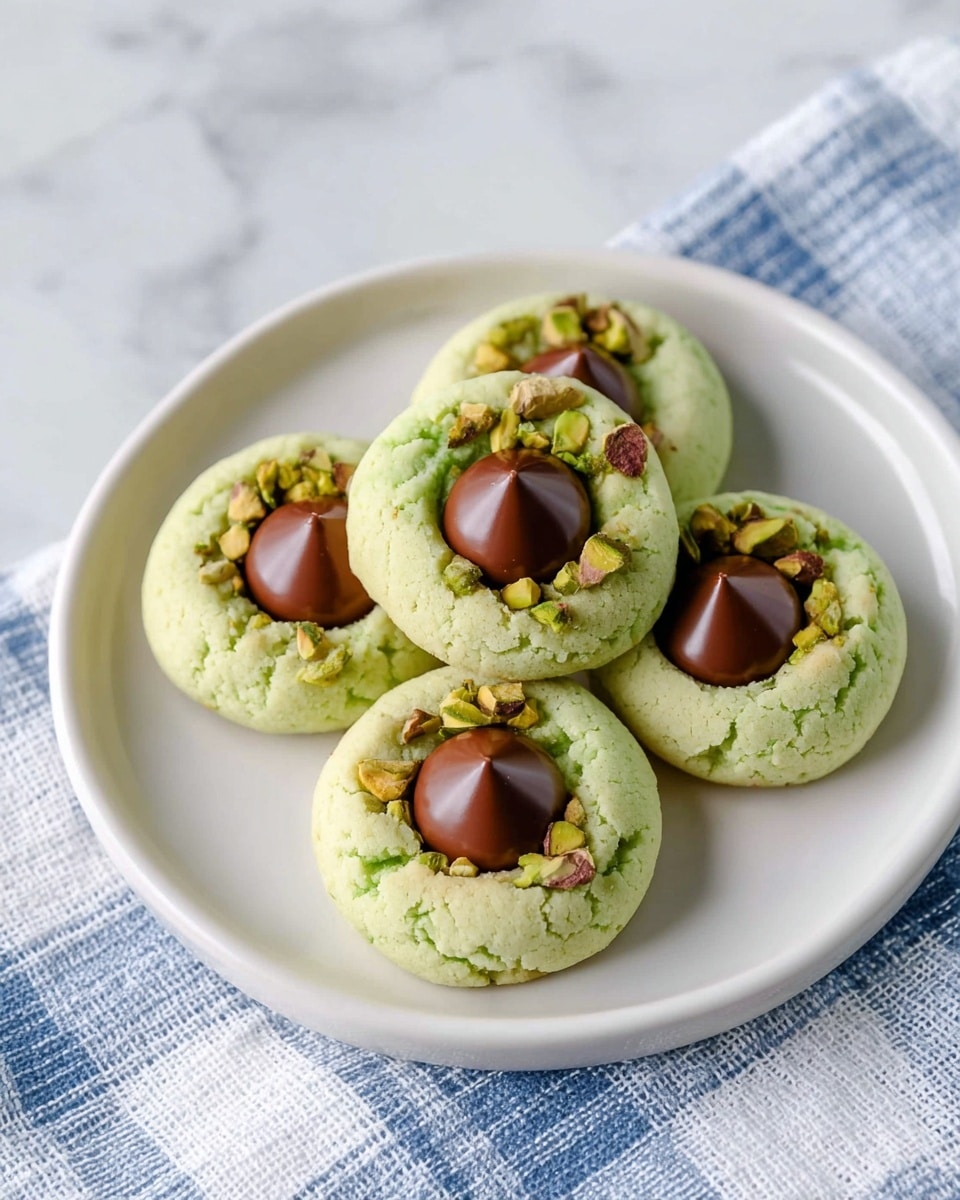 The image shows four pale green cookies on a white plate, each with three distinct layers. The base layer is soft, light green cookie dough with a smooth texture. The second layer features chunky brown and green nut pieces, mostly on the edges of one cookie, giving a rough and crunchy look. The top layer is a single, shiny, conical milk chocolate piece placed in the center of each cookie. The background has a white marbled texture, and the scene is brightly lit. photo taken with an iphone --ar 4:5 --v 7