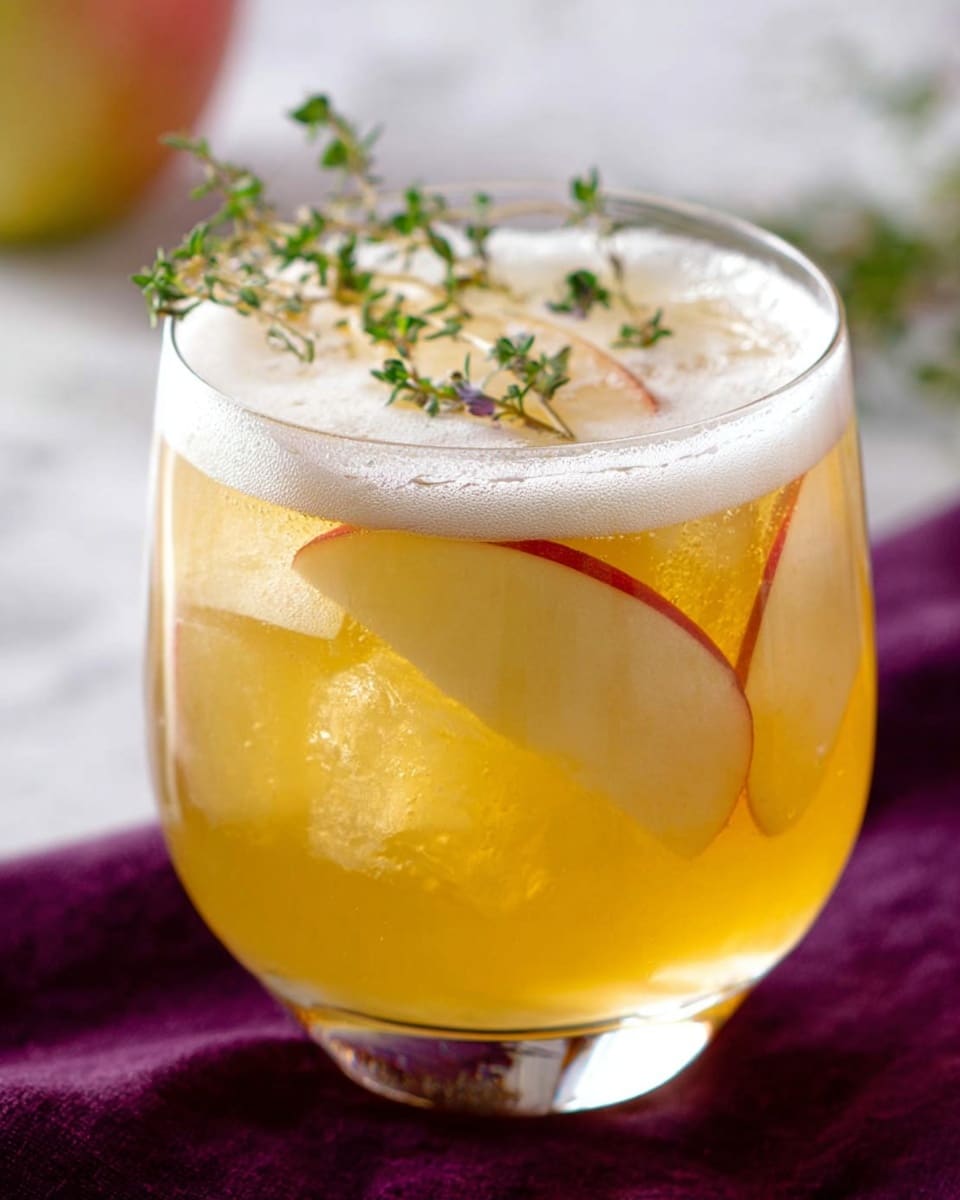A round clear glass filled with a golden yellow drink containing several ice cubes. Thin slices of red and white apple float inside, along with small green herb sprigs, adding texture and color. The top has a layer of frothy foam, and some apple slices and herbs peek above the foam. The glass sits on a white marbled surface with a purple cloth nearby. Photo taken with an iphone --ar 4:5 --v 7