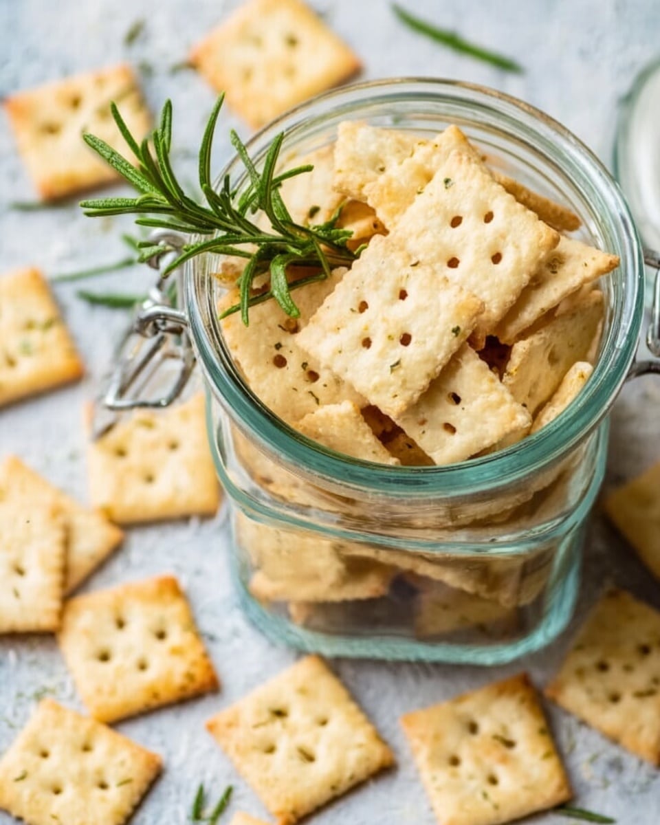 A clear glass jar filled with square, pale golden crackers that have small holes and specks of herbs on their surface. The jar is open and topped with a small sprig of fresh rosemary for decoration. Around the jar, more crackers are scattered on a white marbled texture surface. The light is soft, highlighting the crispy texture of the crackers and the green color of the rosemary. Photo taken with an iphone --ar 4:5 --v 7
