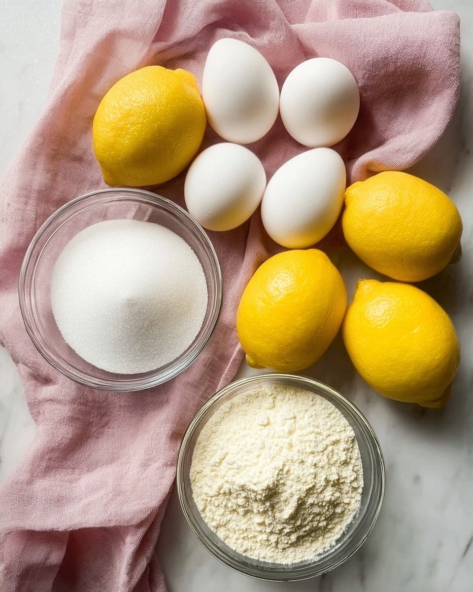 The image shows a collection of ingredients arranged on a white marbled surface. There are two small clear glass bowls filled with white granulated sugar on the left and white flour on the right. Between them, there are six whole bright yellow lemons placed in a small group. Above the lemons, six large white eggs are scattered on a light pink cloth, softly crumpled. The colors contrast well with the white marbled background, creating a fresh and clean look. Photo taken with an iphone --ar 4:5 --v 7