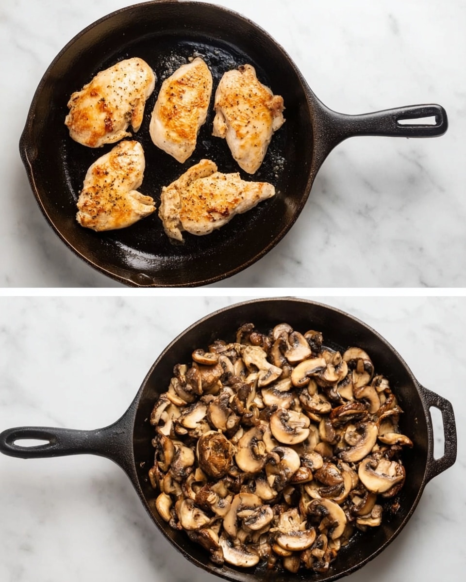 The image shows two black cast iron pans on a white marbled surface. The pan on the left holds four golden brown cooked chicken pieces, each with a slightly crisp texture and light searing marks. They are spread out evenly inside the pan. The pan on the right contains a layer of sautéed sliced mushrooms, with varying shades of light brown and beige, some pieces showing darker cooked spots. The mushrooms cover the bottom of the pan in a loose, uneven layer. Photo taken with an iphone --ar 4:5 --v 7
