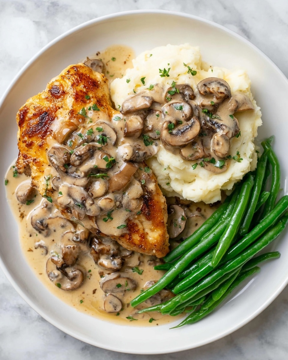 A white plate with three main layers of food on a white marbled surface: on the left, there is a golden-brown cooked piece of chicken covered with creamy mushroom sauce that has sliced brown mushrooms and small green herb bits; on the right side, there is a serving of creamy mashed potatoes topped with the same mushroom sauce and herbs; below the potatoes, there is a bundle of bright green cooked green beans arranged neatly; the sauce spreads slightly under the chicken and potatoes, connecting the elements. photo taken with an iphone --ar 4:5 --v 7