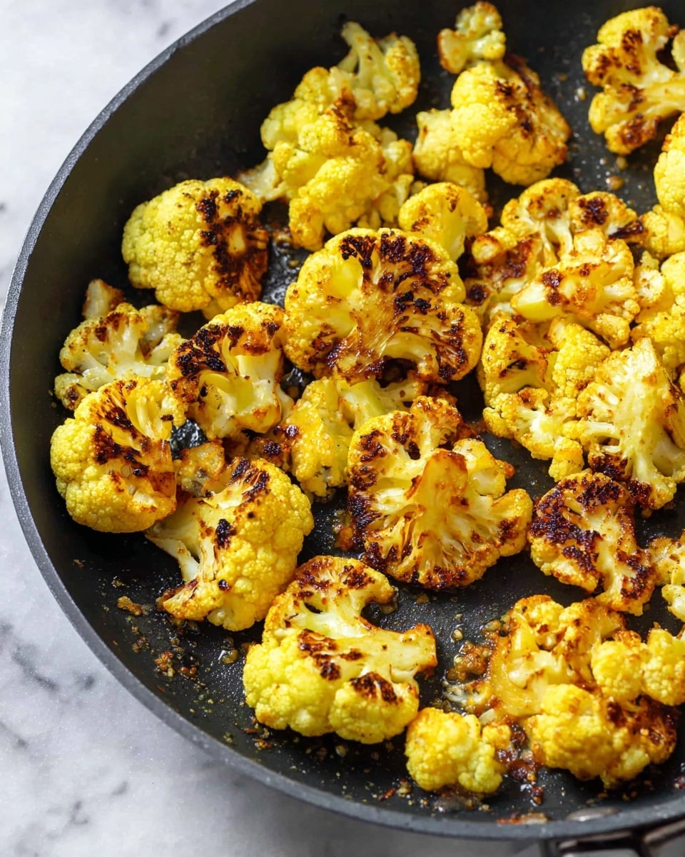 The image shows a close-up of a black pan filled with roasted cauliflower florets. Each floret is golden yellow with dark brown char marks on the tops and sides, giving a crispy texture. The cauliflower pieces vary in size and are spread evenly across the pan’s bottom, which has a slight glisten from oil. The pan sits on a white marbled surface, adding a clean contrast to the vibrant colors of the cooked cauliflower. photo taken with an iphone --ar 4:5 --v 7