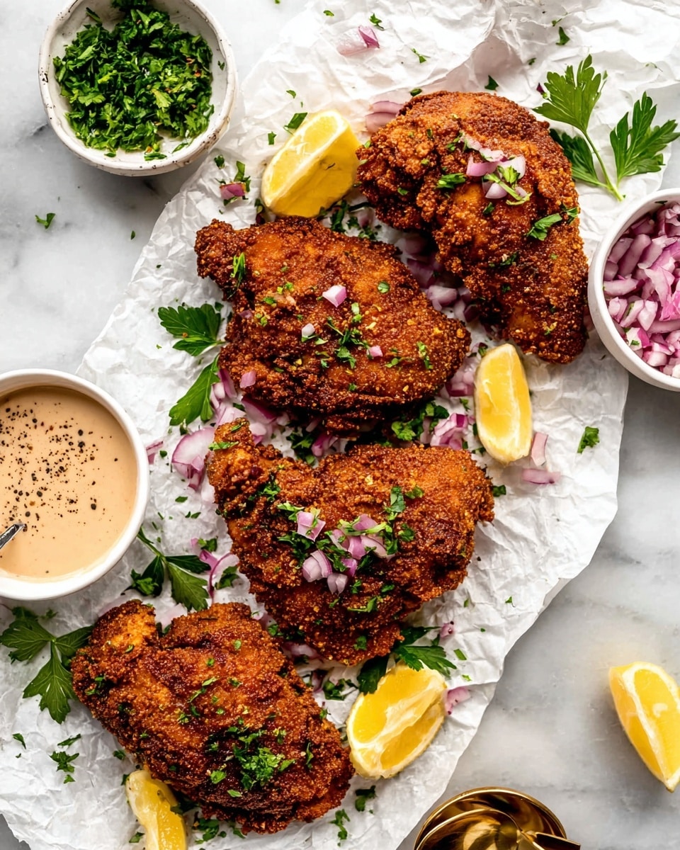 Four crispy fried chicken pieces with a dark golden brown crunchy crust are placed on crumpled white paper. Each piece is sprinkled with small bits of chopped red onion and green herbs. There are three small lemon wedges scattered across the paper, adding bright yellow color. Fresh green parsley leaves lie around the chicken pieces. Nearby, two small white bowls contain finely chopped red onions and green herbs, and one larger white bowl holds a creamy light beige dipping sauce with black pepper and a gold spoon inside. The whole setup is on a white marbled surface. photo taken with an iphone --ar 4:5 --v 7