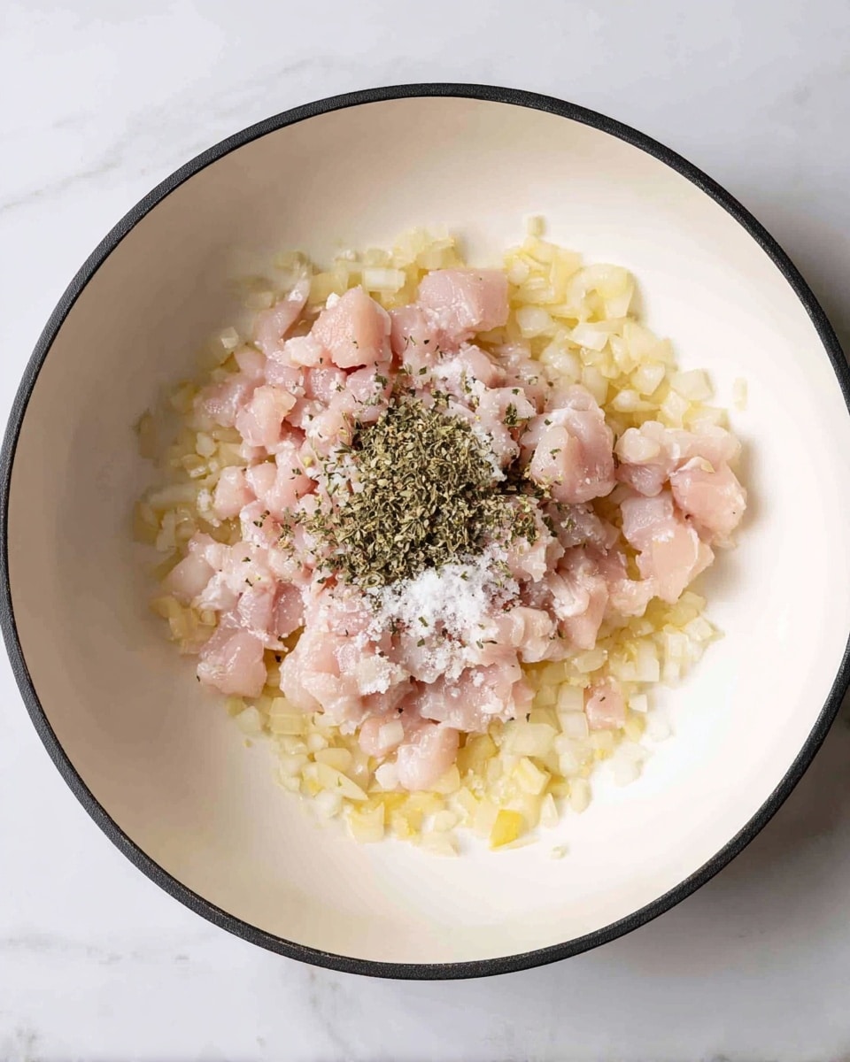 A white pan with a thin black rim holds three layers of ingredients. The bottom layer is soft, light yellow diced onions spread evenly across the pan. On top of the onions is a pile of small, pale pink diced raw chicken pieces placed toward the center. Scattered on the chicken are green dried herbs and some white granules of salt or seasoning. The pan sits on a white marbled surface. Photo taken with an iphone --ar 4:5 --v 7