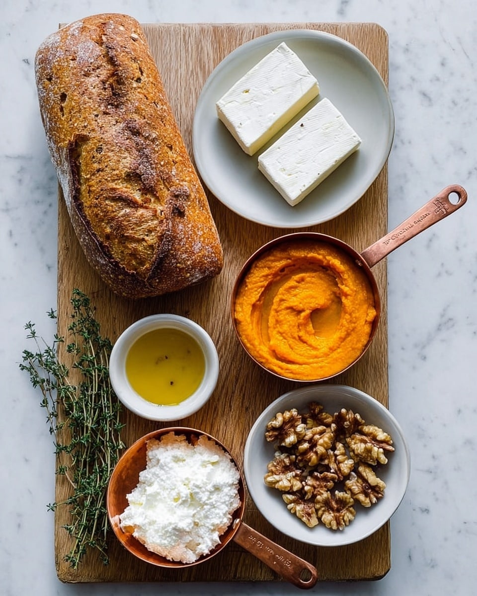 The image shows a wooden board with several ingredients arranged neatly on a white marbled surface. On the top left is a loaf of crusty bread with a golden-brown, textured crust. To the right is a small white bowl with two thick, rectangular slices of white cheese. Below it on the right is a copper measuring cup filled with a bright orange, smooth puree, with a few small texture details on the surface. In the center is a tiny white bowl holding a clear golden liquid, likely honey. Toward the bottom right is another white bowl containing a mix of uneven walnut pieces with a natural brown color and rough texture. On the bottom left, a copper measuring cup is filled with a fluffy white substance, almost like cream or soft cheese. Next to it are fresh sprigs of green thyme, adding a touch of natural color. The photo was taken with an iphone --ar 4:5 --v 7