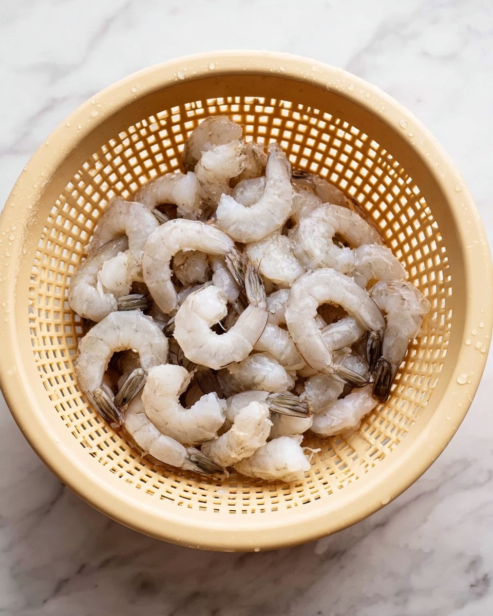 A beige plastic colander filled with raw, peeled shrimp that have their tails still attached, showing a mix of white and light grey colors and a smooth texture. The colander rests on a white marbled surface, and drops of water are visible on the colander. The shrimp are piled loosely inside, filling most of the colander's bottom and rising just above its rim. Photo taken with an iphone --ar 4:5 --v 7