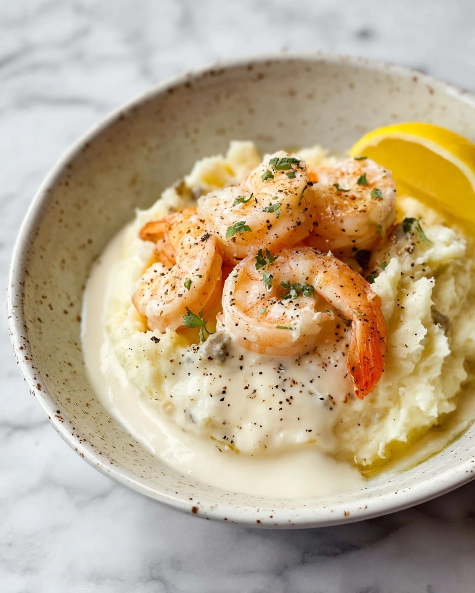 A white speckled bowl holds a layered dish starting with a bed of creamy mashed potatoes at the bottom, soft and slightly textured. On top of the potatoes, a thick, smooth white sauce is poured, covering much of the surface and pooling gently around the edges. Several pink-orange shrimp, curled and shiny, sit atop the sauce, lightly dusted with black pepper and small green herb pieces. A bright yellow lemon wedge rests beside the potatoes, adding a pop of color. The bowl is set on a white marbled surface. Photo taken with an iphone --ar 4:5 --v 7