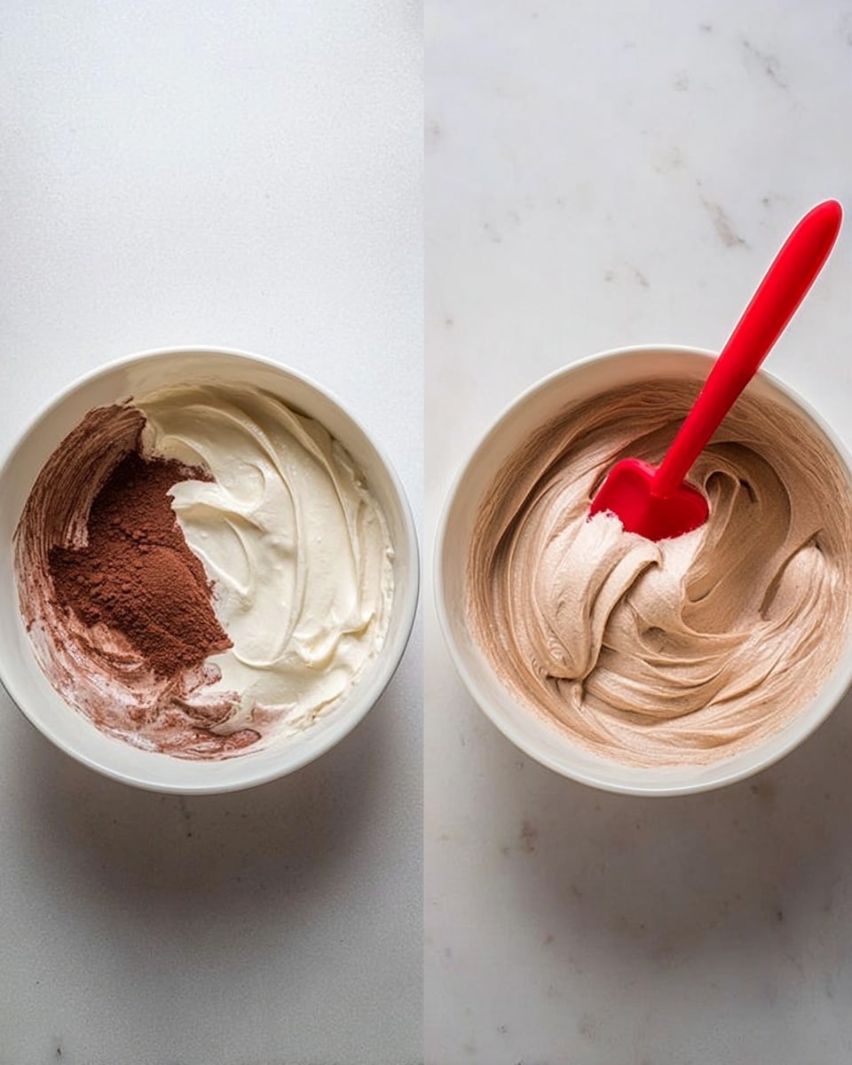 The image shows two white bowls on a white marbled surface. The left bowl has three separate layers: a creamy white layer on the left, a dark brown powder layer in the middle, and a lighter creamy white layer on the right. The right bowl shows the mixture blended in a smooth swirled texture, light brown in color, with a red silicone spatula resting inside. Photo taken with an iphone --ar 4:5 --v 7