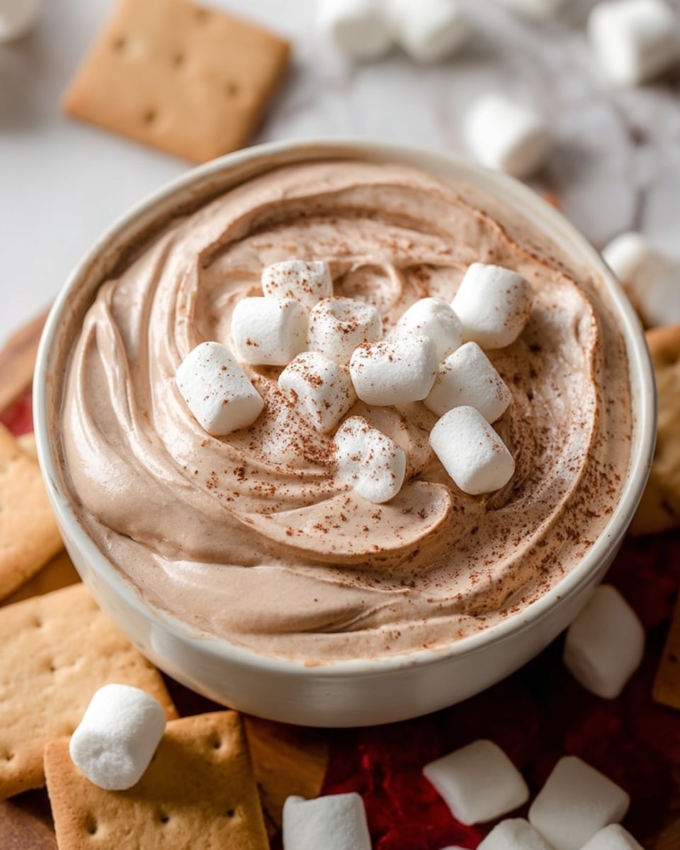 A creamy light brown mousse fills a white bowl, swirled smoothly across the top with soft peaks and small waves. It is topped with a scattering of small white marshmallows, some dusted lightly with cocoa powder, adding a fine powdery texture and warmth in color contrast. The bowl sits on a wooden surface with some marshmallows and biscuits around it, and the whole scene is set against a white marbled textured background. photo taken with an iphone --ar 4:5 --v 7