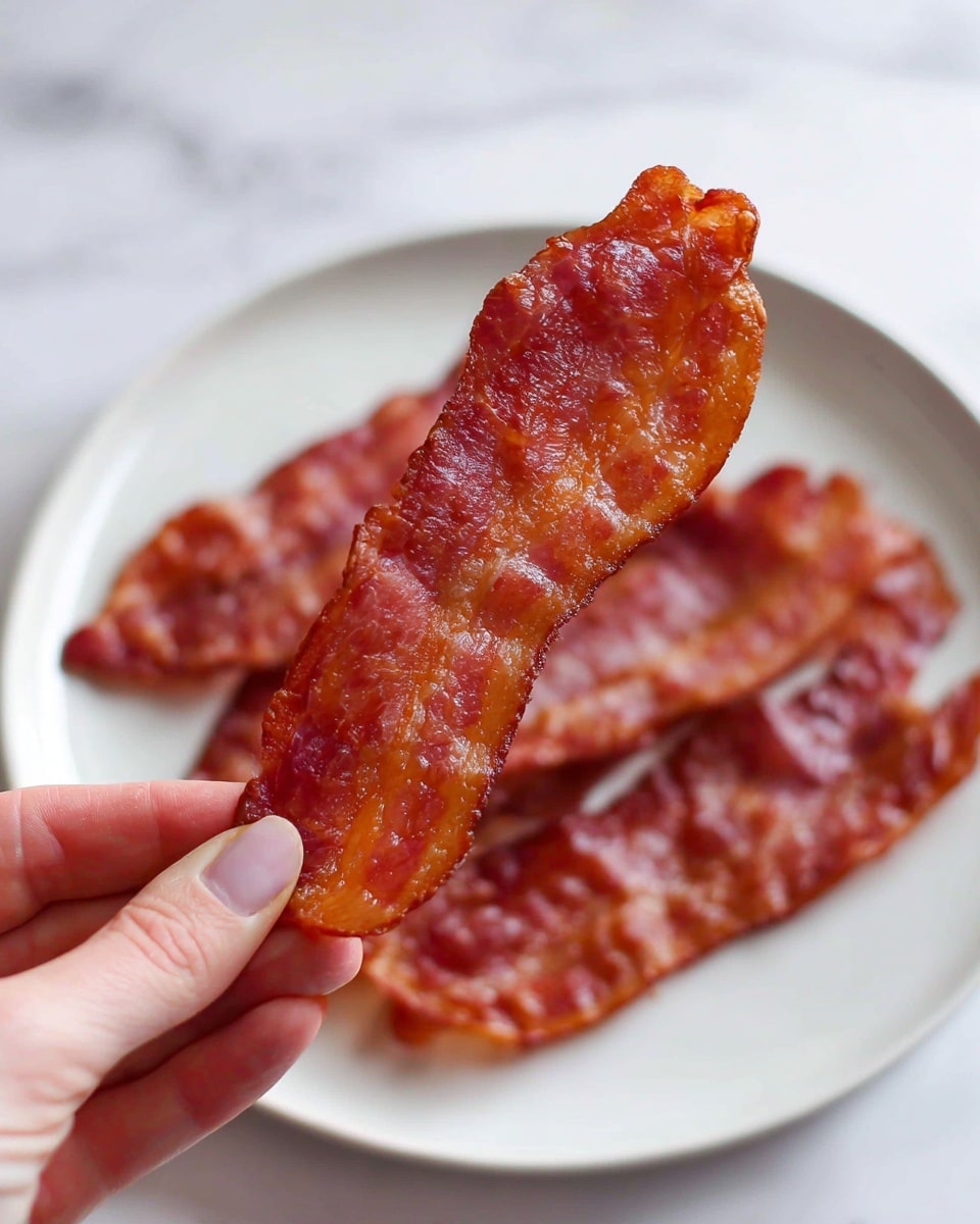 A close-up image shows a woman's hand holding a single slice of cooked bacon with a reddish-brown color and slightly shiny texture. The bacon slice is thin and has a mildly wrinkled surface with some glistening spots. In the background, a white plate sits on a white marbled surface, holding several more slices of similarly cooked bacon arranged overlapping each other. The overall scene is well-lit, highlighting the bacon's crispy edges and glossy finish. photo taken with an iphone --ar 4:5 --v 7