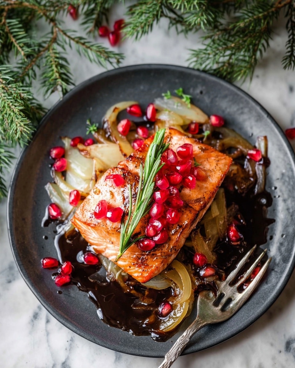 A white plate holds a stack with one layer of cooked light brown salmon fillet on top of a bed of sautéed pale yellow and golden onion slices, all drizzled with a dark glossy sauce. Bright red pomegranate seeds are scattered across the salmon and around the plate, while a small green rosemary sprig rests on top of the salmon, adding a fresh touch. The plate is set on a white marbled surface with some evergreen leaves in the background, and a silver fork is placed near the plate's edge. Photo taken with an iphone --ar 4:5 --v 7