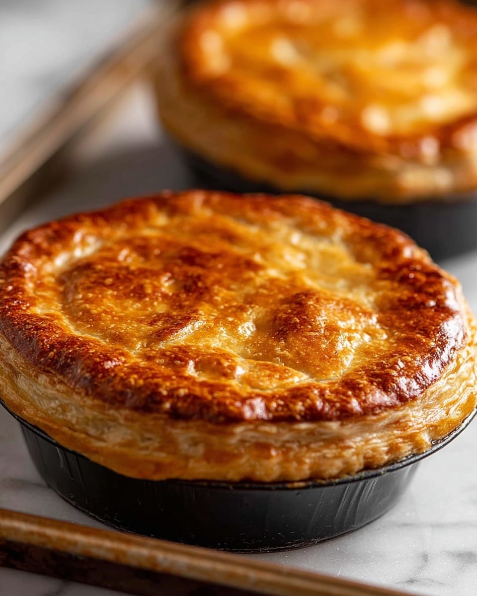 The image shows a golden brown pie with a shiny, crispy top crust that has a slightly uneven, rustic texture. The pie consists of two visible layers: the top flaky crust and a thick edge of golden, crispy pastry along the sides, sitting in a black pie tin. The background is a white marbled surface, with a second similar pie partially visible behind it. The shine on the crust suggests a brushed egg wash, and the pie is placed on a slightly worn baking tray. Photo taken with an iphone --ar 4:5 --v 7