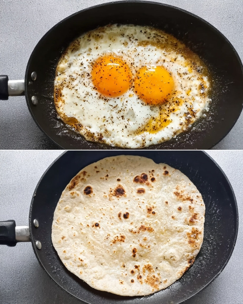 The first image shows a black pan with a cooked fried egg inside. The egg has a bright yellow yolk in the center surrounded by white egg white with some brown edges. There are black pepper flakes sprinkled on top of the egg white. The second image shows a single, light beige tortilla cooking on a pan with some brown spots from cooking. The pan surface is grey and both images have a simple clear look. Photo taken with an iphone --ar 4:5 --v 7