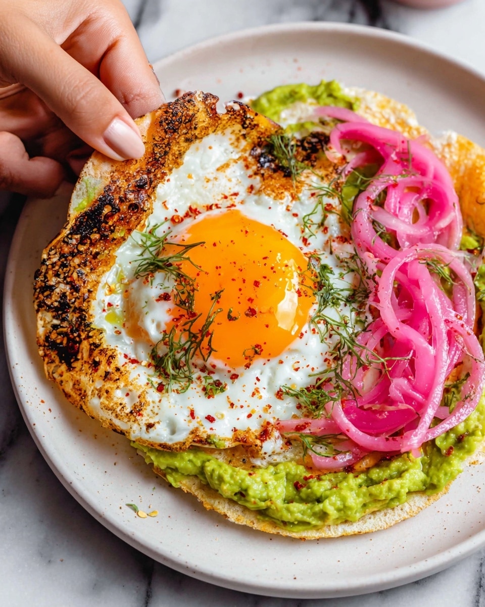 A white plate holds a tortilla spread with a bright green mashed avocado layer. On top is a fried egg with crispy, brown edges and a soft, shiny orange yolk in the center, sprinkled with dried herbs and small red pepper flakes. Thin spirals of pink pickled onions rest on one side over the egg. A woman's hand gently lifts one edge of the egg, showing the layers underneath. The setting has a white marbled surface in the background. photo taken with an iphone --ar 4:5 --v 7