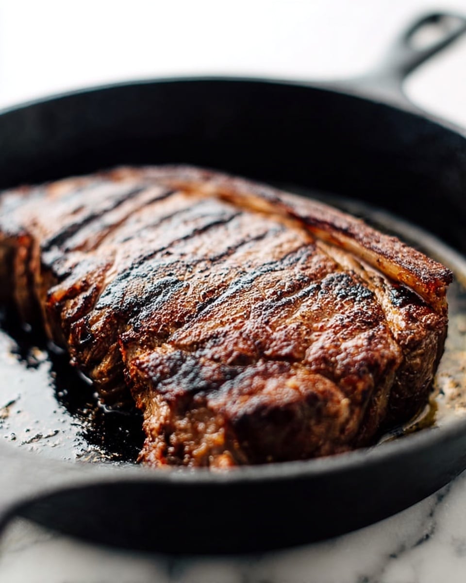 A close-up view of a thick steak with a dark brown seared crust and charred grill marks on its surface, resting in a black cast iron pan. The steak's texture shows a mix of crispy edges and tender, juicy meat with visible marbling and slight pinkish-brown tones near the edges. The black pan has a smooth interior with a small amount of cooking juices pooling near the steak, and it sits on a white marbled surface. Photo taken with an iphone --ar 4:5 --v 7
