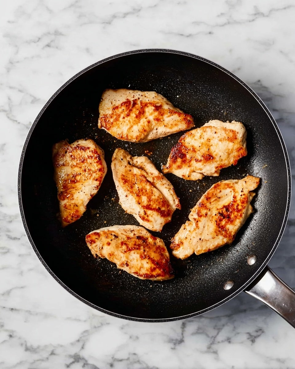 A black frying pan with six pieces of light brown cooked chicken lying flat inside. The chicken pieces are slightly crispy on the edges with some darker and lighter spots showing texture. The pan rests on a white marbled surface with grey veins. The lighting highlights the chicken’s cooked surface and the slight oil sheen on the pan’s black non-stick texture. photo taken with an iphone --ar 4:5 --v 7