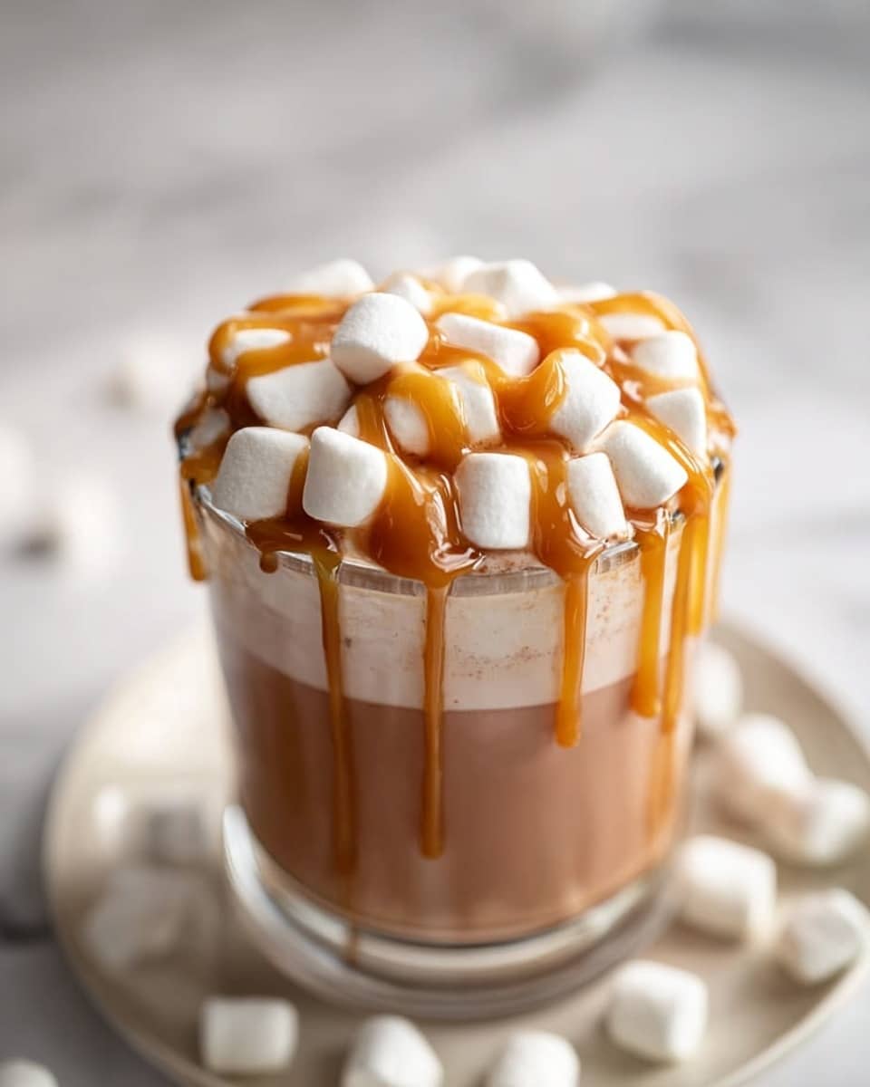 The image shows a clear glass filled with light brown hot chocolate as the bottom layer, topped with a thick layer of white mini marshmallows. Drizzled over the marshmallows is a smooth, golden caramel sauce, creating lines that drip slightly down the sides of the marshmallows and glass. The glass sits on a white plate with soft shadows and a white marbled surface in the background. The lighting is soft and natural, highlighting the textures of the marshmallows and caramel. Photo taken with an iphone --ar 4:5 --v 7