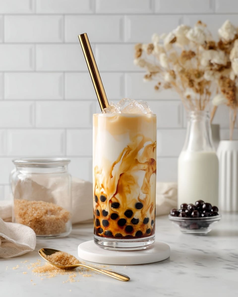 The image shows a tall clear glass filled with layers of a milky drink with black tapioca pearls at the bottom. The bottom layer has dark brown pearls mixed with syrup, above it is a creamy light beige layer with swirls of caramel-colored syrup streaking up the glass. On top, there is a layer of white milk with ice cubes visible just below the surface. A shiny gold straw stands upright inside the glass. The glass sits on a small white marble coaster. Nearby on the white marbled surface, there is a pile of light brown sugar in a clear jar with some sugar spilled around it, a spoon holding black tapioca pearls, and a clear glass bottle filled with white milk. The background features white tiled wall and dried beige flowers in white vases photo taken with an iphone --ar 4:5 --v 7