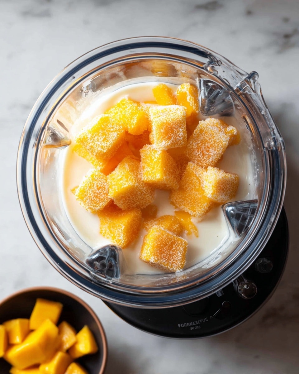 A clear blender jar sits on a black base on a white marbled surface, filled with two layers: the bottom layer is creamy white liquid and the top layer is made of frozen bright orange mango chunks with a frosty texture, some pieces stacked unevenly. Nearby, a small black bowl contains additional frozen mango chunks. The photo is taken from above, showing the clear details of the blender container and the color contrast between the white liquid and orange fruit pieces photo taken with an iphone --ar 4:5 --v 7