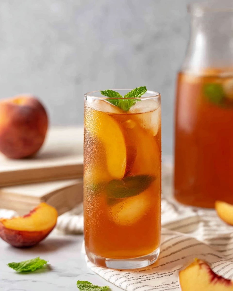 A clear glass is filled with orange peach iced tea mixed with ice cubes, showing slices of fresh peach and green mint leaves floating inside. The drink has a light shimmer on the surface with condensation droplets on the outside of the glass. Behind and to the right of the glass, a large clear carafe with the same iced tea sits partly out of focus. The glass and carafe sit on an open book with visible text, resting on a white marbled surface. Around the setting, peach halves and green mint leaves add a fresh touch, while a soft, blurred background with a white and gray striped cloth completes the scene. Photo taken with an iphone --ar 4:5 --v 7