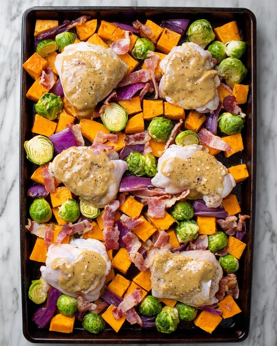 A dark baking tray filled with six pieces of raw chicken thighs topped with a light brown sauce with visible seasoning, spread evenly across the center and upper right side of the tray. Surrounding the chicken pieces are vibrant chunks of orange sweet potatoes, bright green brussels sprouts, and irregular pieces of purple-red onion, creating a mix of colors and textures. Scattered among the vegetables are small pieces of uncooked bacon adding a pinkish hue. The surface beneath the tray is a white marbled texture. photo taken with an iphone --ar 4:5 --v 7