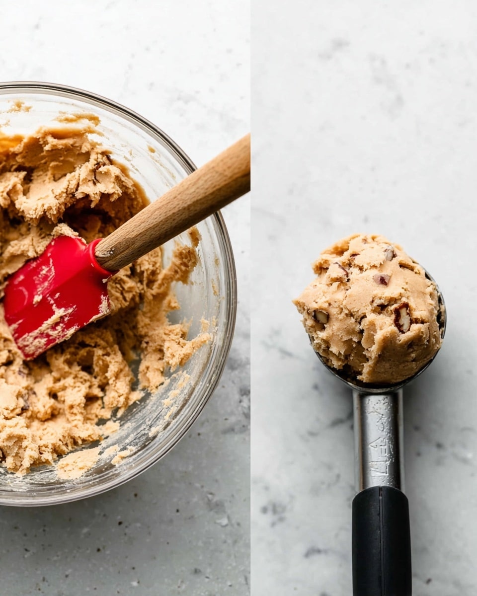 The image shows two scenes side by side on a white marbled surface. On the left, there is a clear glass bowl filled with thick, light brown cookie dough with visible bits of nuts or chocolate mixed in. A wooden spatula with a red silicone head is partially buried in the dough, showing the texture clearly. On the right, a metal cookie scoop with black handles holds a rounded scoop of the same light brown dough with visible bits, positioned in the center of the frame against the white marbled background. photo taken with an iphone --ar 4:5 --v 7