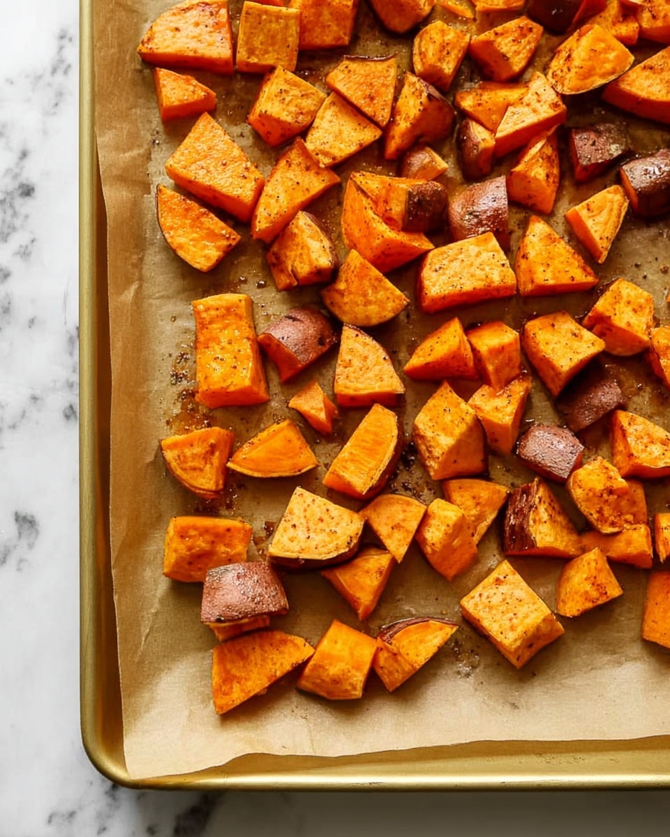 The image shows a close-up of a gold baking tray lined with light brown parchment paper, filled with roasted sweet potato chunks. The sweet potato pieces vary in size and shape, mostly cubed or wedge-like, with bright orange flesh and some dark orange-brown skin parts, giving a mix of smooth and slightly crisp textures. The pieces are spread evenly across the tray with natural roasted spots and a lightly seasoned look. The background is a white marbled surface. photo taken with an iphone --ar 4:5 --v 7
