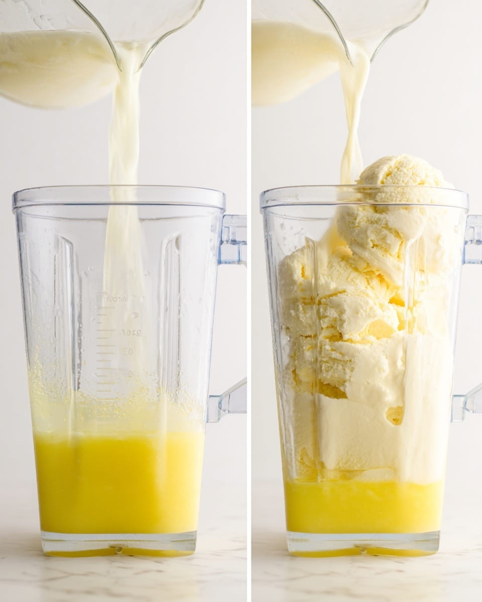 The image shows two clear blender containers side by side on a white marbled surface. The left container is being filled with a transparent liquid poured into a yellow juice base, visible as a frothy layer at the bottom. The right container holds the same yellow juice base, now filled with several scoops of creamy white ice cream on top, creating a thick, textured top layer that contrasts against the smooth yellow liquid below. The background is plain white, keeping the focus on the clear containers and their contents. Photo taken with an iphone --ar 4:5 --v 7