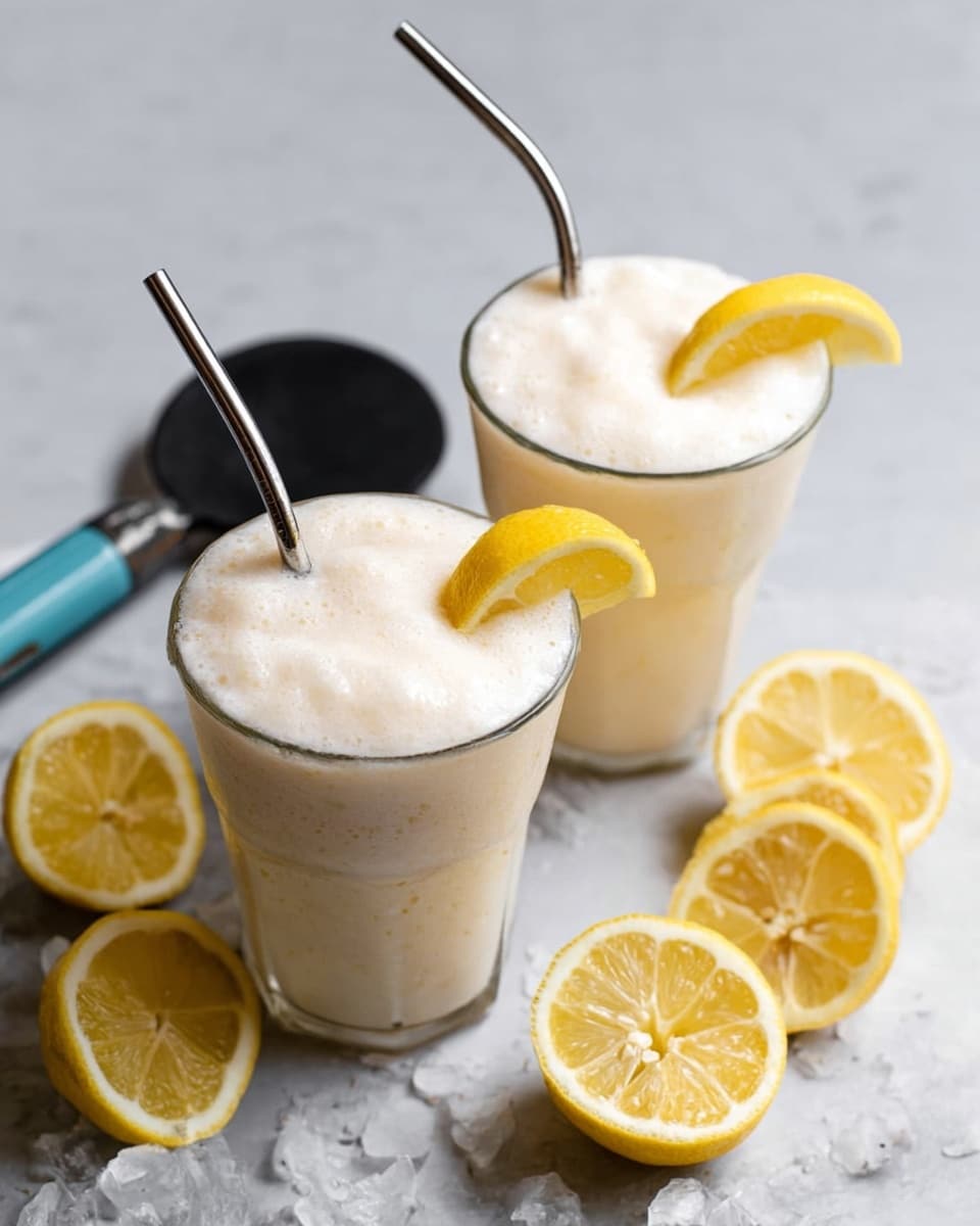 Two clear glasses filled to the top with a creamy, light beige frothy drink, each glass has a silver metal straw and a yellow lemon wedge placed on the rim. Around the glasses, there are several lemon halves and slices scattered on a white marbled surface. In the upper left corner, a black kitchen tool with a teal handle lies flat. The photo has a bright and fresh look with soft lighting, focusing on the texture of the froth and the juicy lemons. photo taken with an iphone --ar 4:5 --v 7