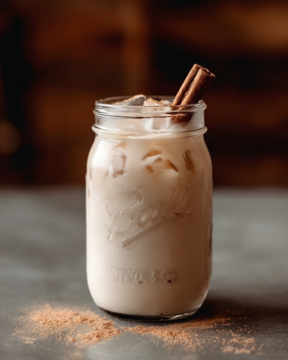 A clear glass jar filled with a creamy off-white drink that has a smooth texture and visible ice cubes inside; near the top of the jar are two brown cinnamon sticks partially submerged, and light brown powder is sprinkled on the surface of the drink and on the gray surface around the jar, which is set against a blurred warm brown background. Photo taken with an iphone --ar 4:5 --v 7