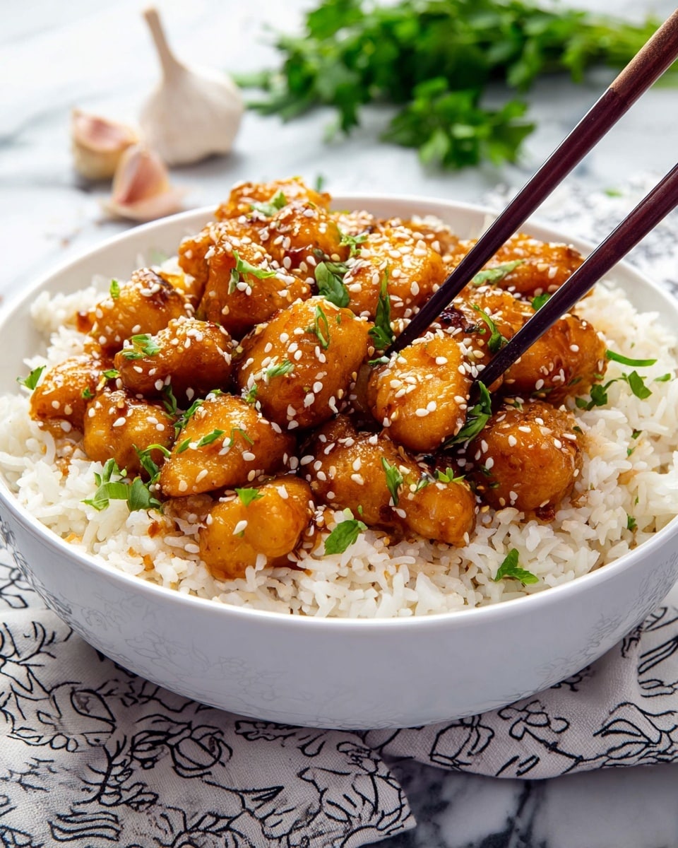 A white bowl filled with a base layer of fluffy white rice, topped with golden brown chicken pieces covered in a shiny sauce sprinkled with white sesame seeds and small green herb leaves, with a pair of dark brown chopsticks lifting one chicken piece; the bowl sits on a white patterned cloth with a white marbled texture background, fresh green herbs and garlic cloves scattered softly behind it, photo taken with an iphone --ar 4:5 --v 7