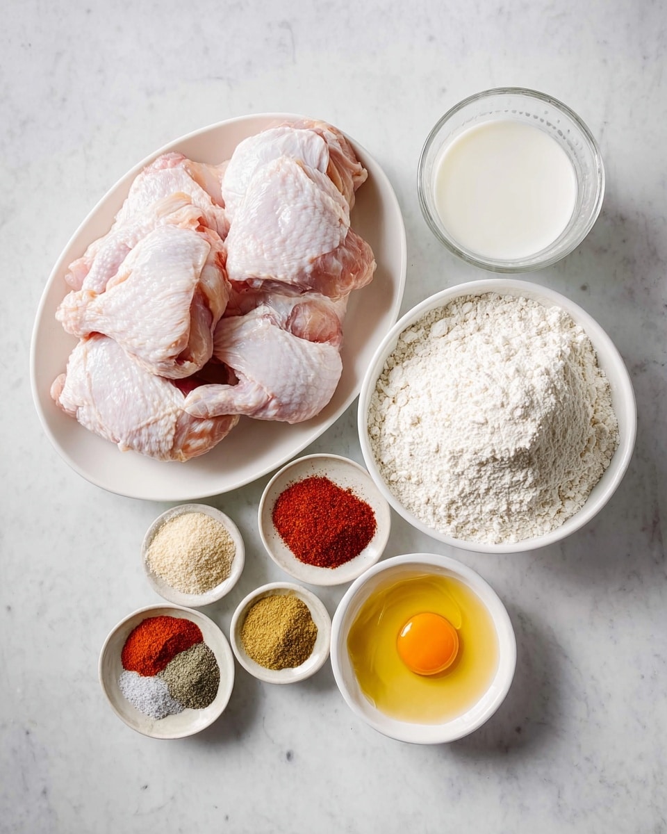 A top view shows five raw chicken pieces with pale pink skin and some white fat on a white oval plate on the left. To the right, there is a white round bowl filled with white flour that looks soft and powdery. Below that bowl, another white round bowl contains a colorful spread of spices arranged in small separate piles, including red, brown, beige, yellow, green, gray and black powders with different textures ranging from fine powders to small granules. At the top right, a clear glass cup holds a white liquid that looks like milk or buttermilk. Below it, there is a small white round bowl with one raw egg, featuring a bright yellow yolk in the middle of clear egg white. All dishes rest on a white marbled textured surface. Photo taken with an iphone --ar 4:5 --v 7