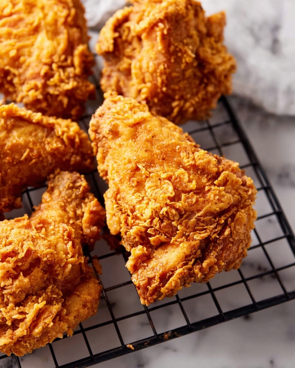 Several pieces of crispy fried chicken with a rough, golden brown crust are placed on a black wire cooling rack. The chicken has a crunchy texture with uneven, bumpy layers of breading covering the surface. The background shows part of a white marbled surface. photo taken with an iphone --ar 4:5 --v 7