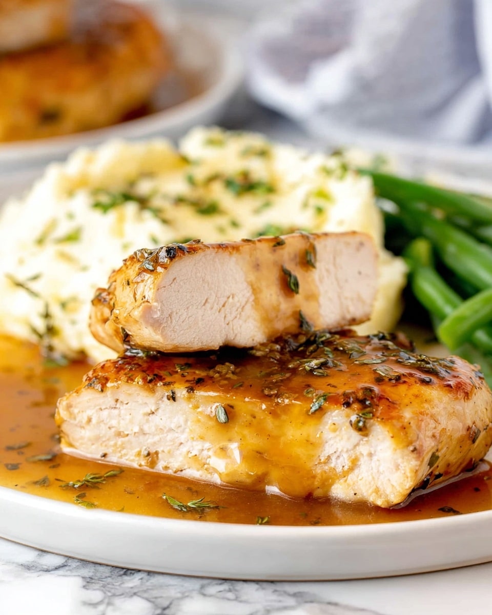 The image shows two thick pieces of cooked chicken on a white plate, one piece laid flat and the other leaning on it, both covered with a shiny brown sauce that has small bits of herbs and spices. The chicken is tender and juicy with a light golden-brown color on the edges. Behind the chicken, there is a fluffy mound of white mashed potatoes sprinkled with green herbs on top and some green beans to the right side. The plate rests on a white marbled surface, and the background is softly blurred out. The photo taken with an iphone --ar 4:5 --v 7