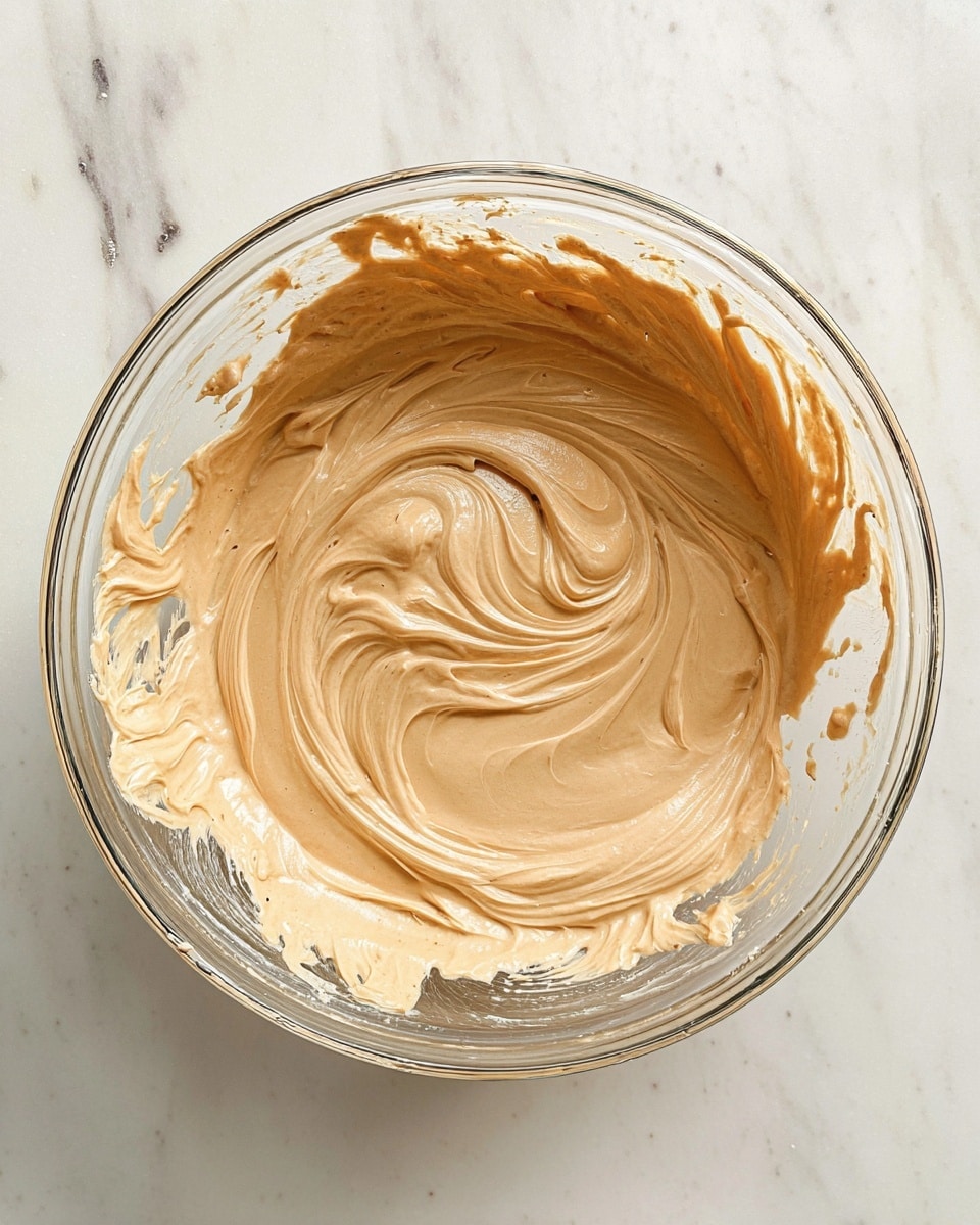 A clear glass bowl holds a thick, light brown creamy mixture with smooth swirls and peaks created by stirring. The creamy texture has a soft sheen and some parts look fluffy, with a few small splashes of the mixture on the outside rim of the bowl. The bowl is placed on a white marbled surface. photo taken with an iphone --ar 4:5 --v 7