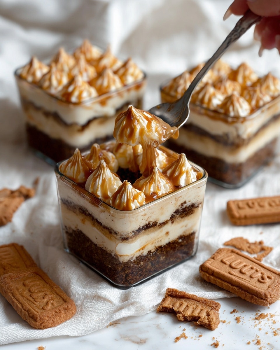 The image shows three square glass containers filled with a layered dessert placed on a white marbled surface covered partially by a white cloth. Each dessert has four visible layers: the bottom layer is a dark brown, crumbly base; above it is a lighter cream layer; followed by another dark brown layer; and topped with a piped cream layer with small peaks that are drizzled with caramel sauce. A woman's hand holds a spoon with a scoop taken from the dessert in the front. Around the containers are a few whole and broken brown Lotus biscuits scattered on the cloth and surface. Photo taken with an iphone --ar 4:5 --v 7