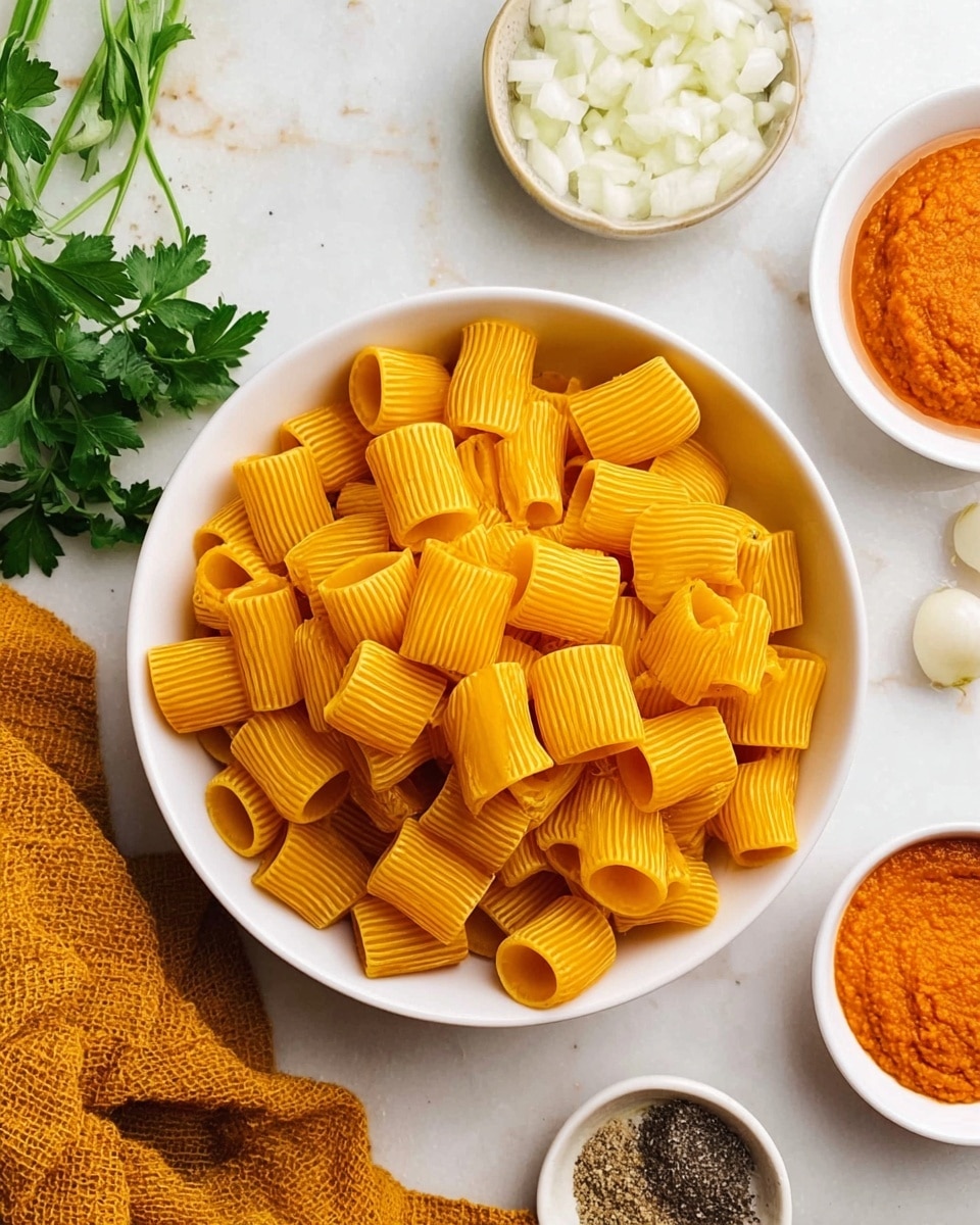 A close-up image showing a white bowl filled with short, ridged, hollow pasta pieces that are bright yellow-orange in color and take up most of the bowl. Surrounding the bowl on a white marbled surface are several small white bowls filled with chopped onions, ground black pepper, salt, and a vibrant orange-red puree. Fresh green parsley sprigs rest to the left of the bowl, and a folded mustard-yellow textured cloth is partly visible in the upper left corner. The scene is well lit, clean, and simple, focusing mainly on the pasta and fresh ingredients. photo taken with an iphone --ar 4:5 --v 7