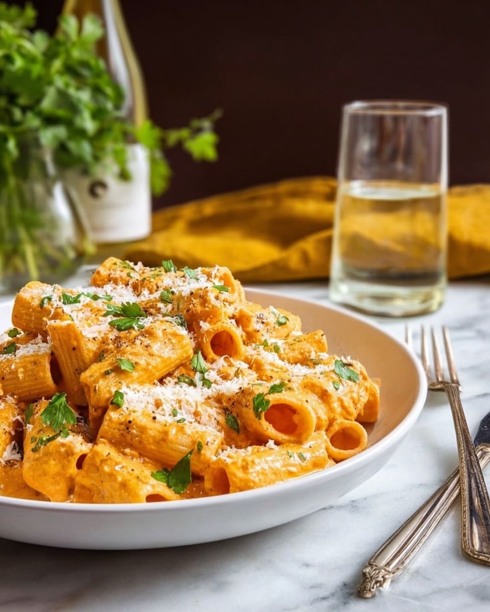 A white bowl filled with about two layers of ridged rigatoni pasta covered in a smooth, creamy orange sauce. The pasta is topped with a sprinkle of finely grated white cheese and small green parsley leaves scattered over the top. The bowl is on a white marbled surface with a silver fork and knife placed to the right. In the background, there is a clear glass of water, a mustard yellow cloth, a dark brown backdrop, and some fresh green herbs. Photo taken with an iphone --ar 4:5 --v 7