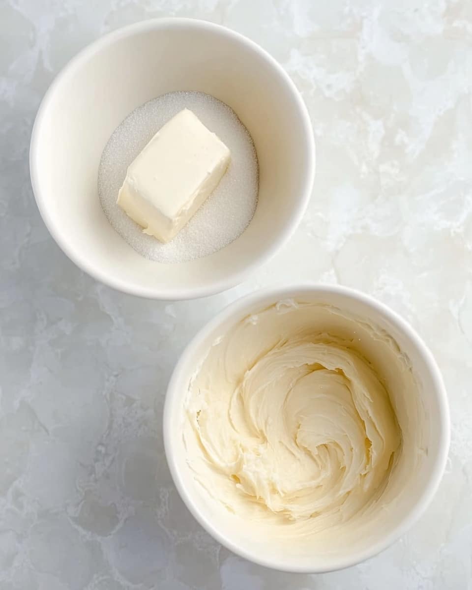 The image shows two white bowls on a white marbled surface. The left bowl contains some white granulated sugar and off-white solid butter with a smooth texture placed side by side. In the right bowl, the mixture is now smooth and creamy with swirls visible on the surface, showing the butter and sugar blended together softly. photo taken with an iphone --ar 4:5 --v 7