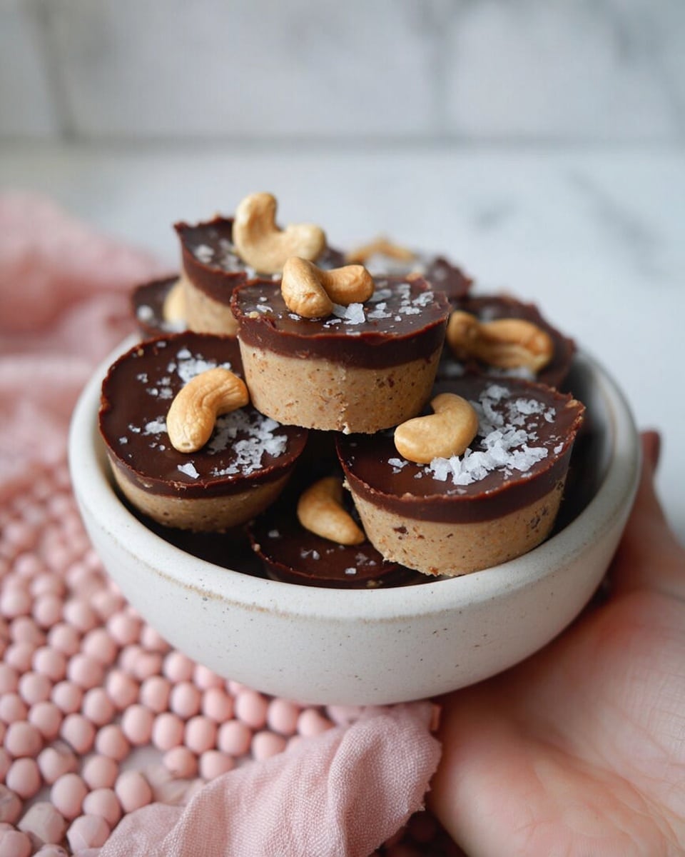 The image shows a white bowl filled with several small layered treats. Each treat has two layers: a bottom beige-colored base with a smooth texture, and a top shiny dark brown layer of chocolate, sprinkled with coarse sea salt and topped with pieces of cashew nuts. The bowl rests on a pink mat made of round beads, and the background is a soft white marbled texture. Woman's hand is holding the bowl from below, giving a cozy and inviting look to the scene. Photo taken with an iphone --ar 4:5 --v 7