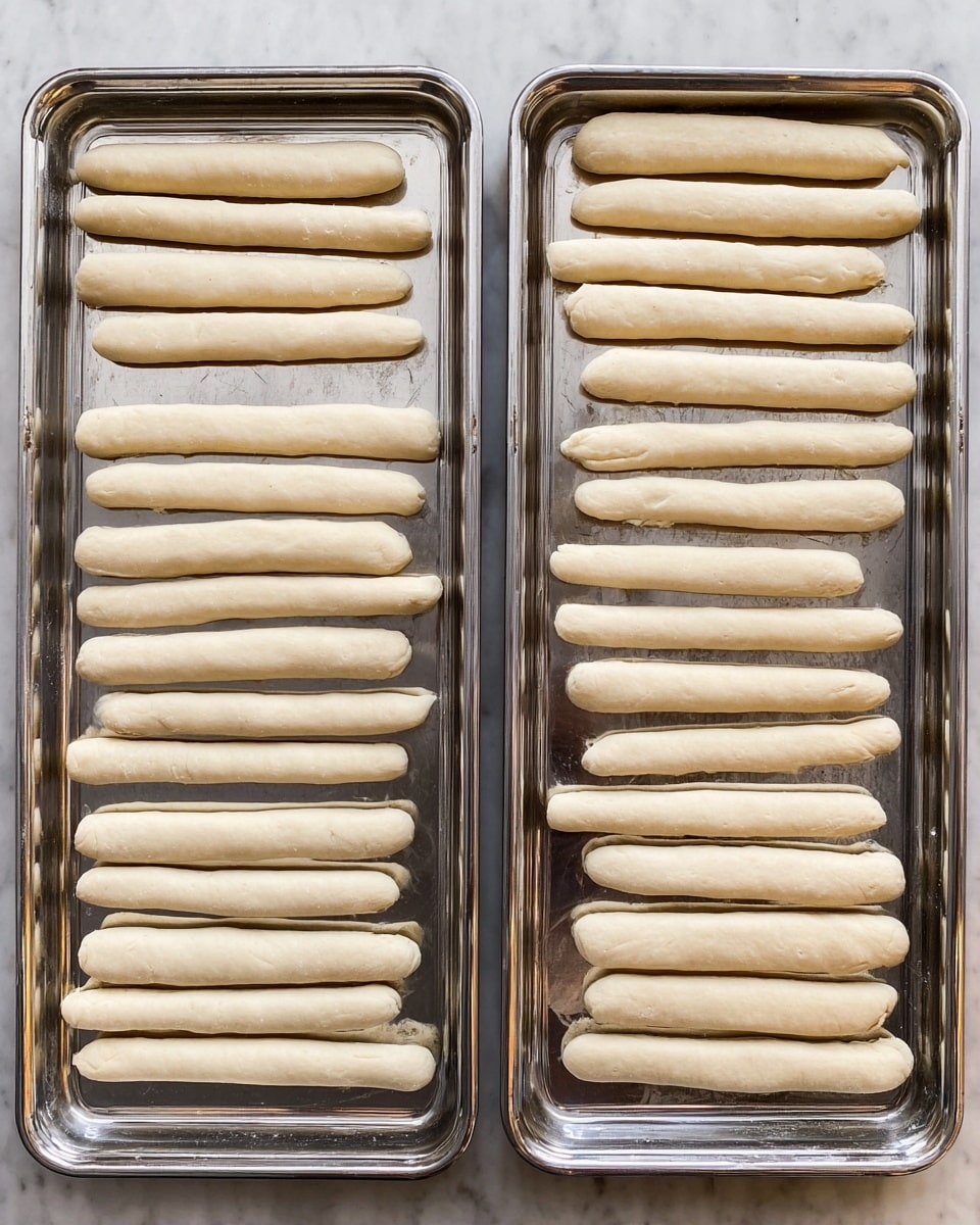 The image shows two metal trays placed on a white marbled surface, each with rows of raw dough sticks neatly arranged. Each tray holds two columns of dough sticks, with about eight sticks in each column. The dough sticks are light beige in color, smooth in texture, and shaped into long, slightly uneven cylinders. The trays have a shiny, reflective silver finish with small scratches and marks, giving a sense of use in a kitchen setting. photo taken with an iphone --ar 4:5 --v 7